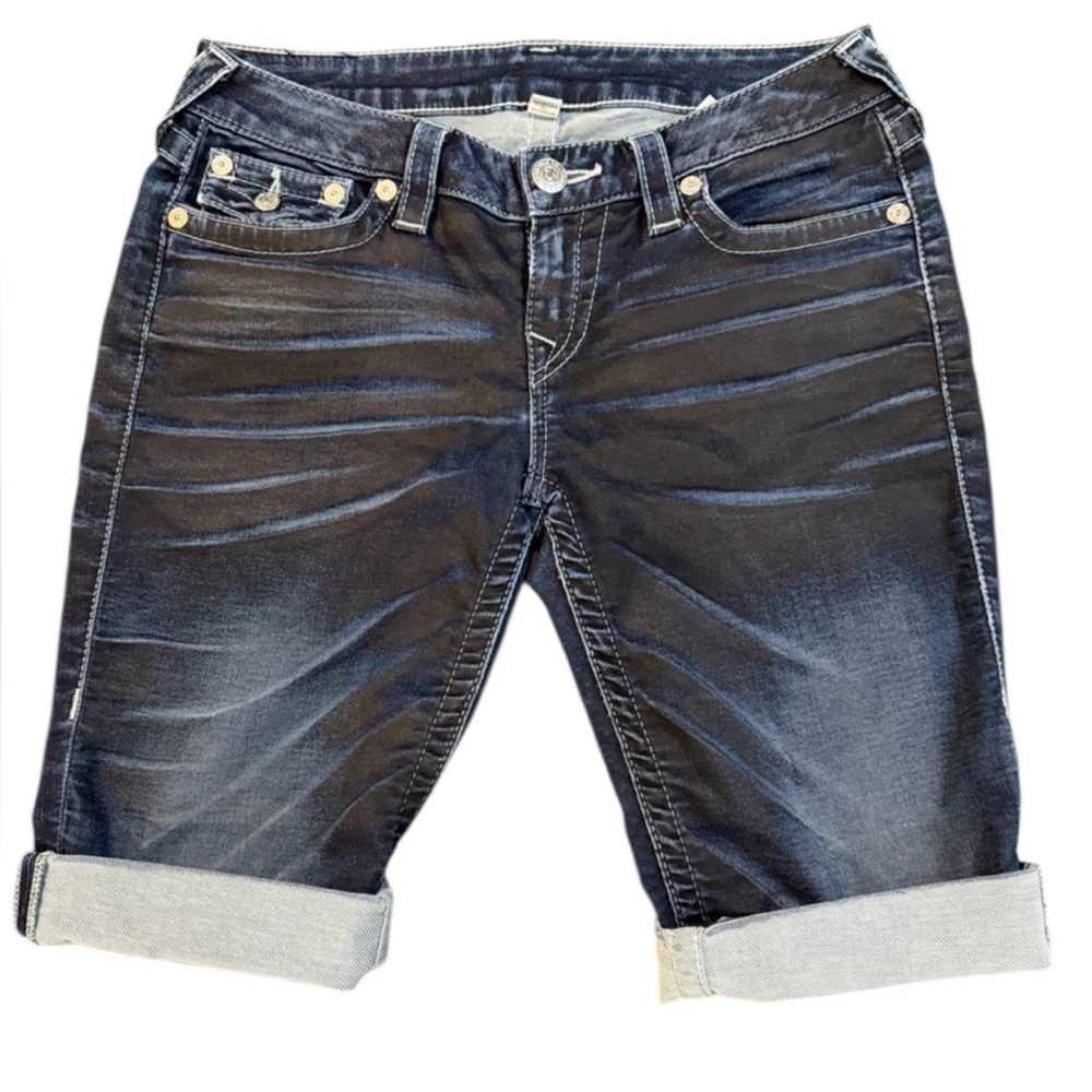 True Religion Women’s Knee-Length Jean Shorts‎ – Size 28 – Dark Wash, Cuffed Hem